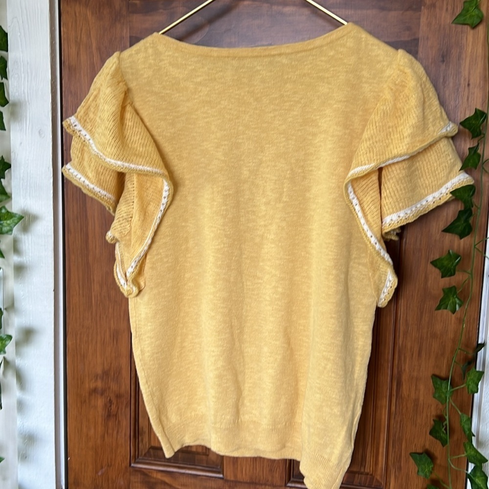 ANN TAYLOR Cotton Linen Knit Ruffle Sleeve Boatneck Sweater Top in Yellow | M - Picture 2 of 8
